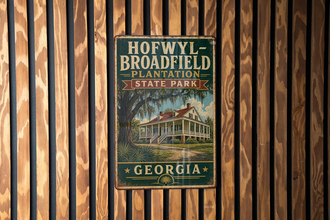 A vintage-style metal sign for Hofwyll Broadfield Plantation State Park in Georgia, featuring a large illustration of a plantation house surrounded by palm trees.