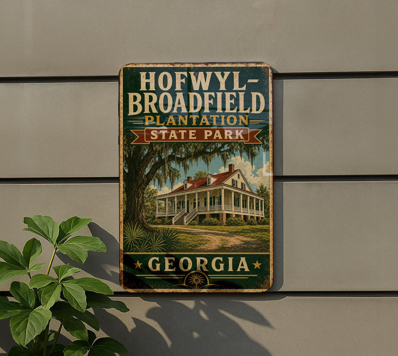 A vintage-style metal sign for Hofwyll Broadfield Plantation State Park in Georgia, featuring an illustration of a historic plantation house surrounded by lush greenery.