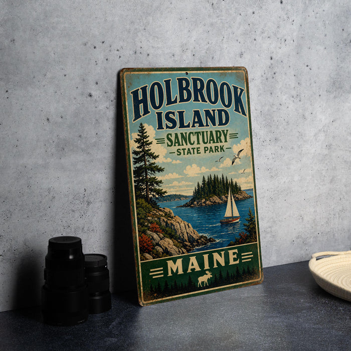 A vintage metal sign for Holbrook Island, Maine, featuring a scenic illustration of the island, a sailboat, and a moose.