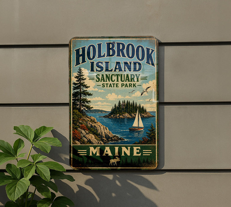 A vintage-style metal sign for Holbrook Island State Park in Maine, featuring a scenic illustration of a lake, mountains, and a sailboat.