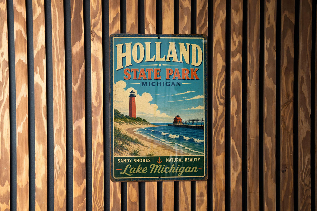 A vintage-style metal sign for Holland State Park in Michigan, featuring a lighthouse and beach scene.