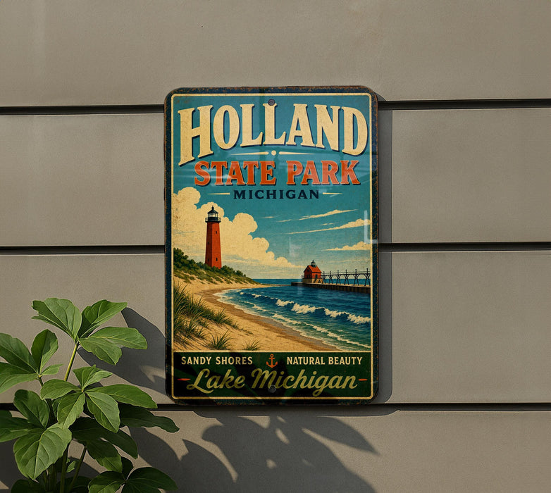A vintage-style metal sign for Holland State Park in Michigan, featuring a lighthouse and beach scene.