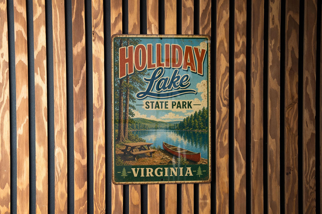 A vintage metal sign for Holliday Lake State Park in Virginia, featuring a scenic image of a lake with a canoe and picnic table.