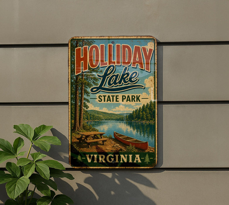 A vintage-style sign for Holliday Lake State Park in Virginia, featuring a scenic image of a lake, trees, and a canoe.