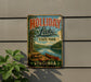 A vintage-style sign for Holliday Lake State Park in Virginia, featuring a scenic image of a lake, trees, and a canoe.