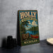 A vintage metal sign for the Holly Recreation Area in Michigan, featuring a scenic illustration of a lake, pine trees, and a red canoe.