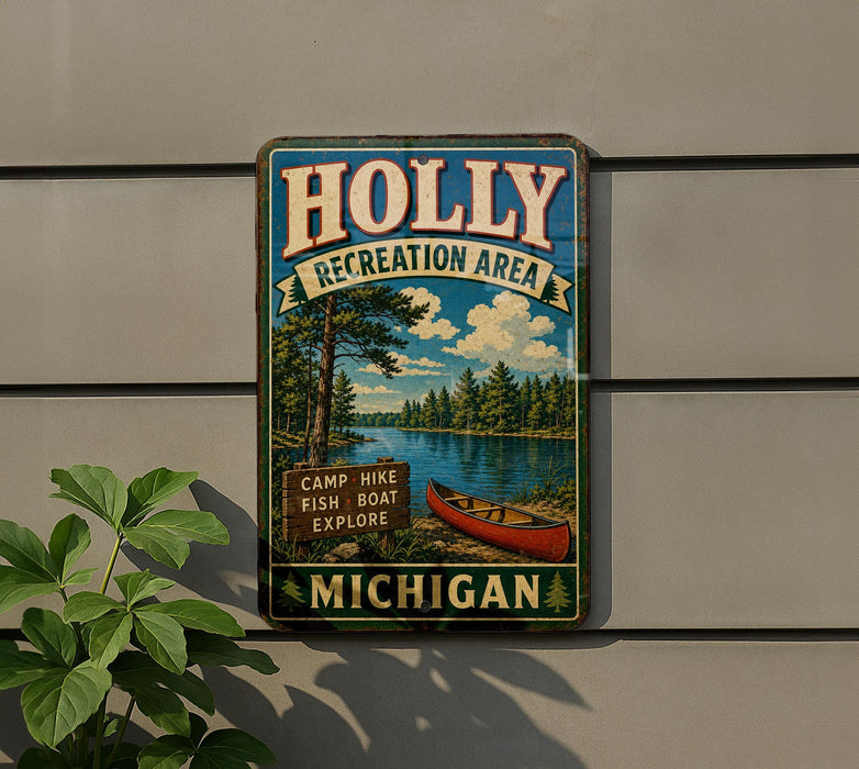 A vintage metal sign for the Holly Recreation Area in Michigan, featuring a scenic image of a lake, pine trees, and a red canoe.
