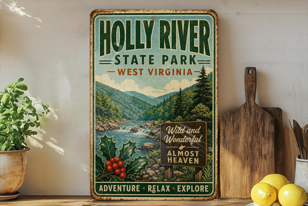 A vintage-style sign for Holly River State Park in West Virginia, featuring a scenic mountain landscape with a river and pine trees.