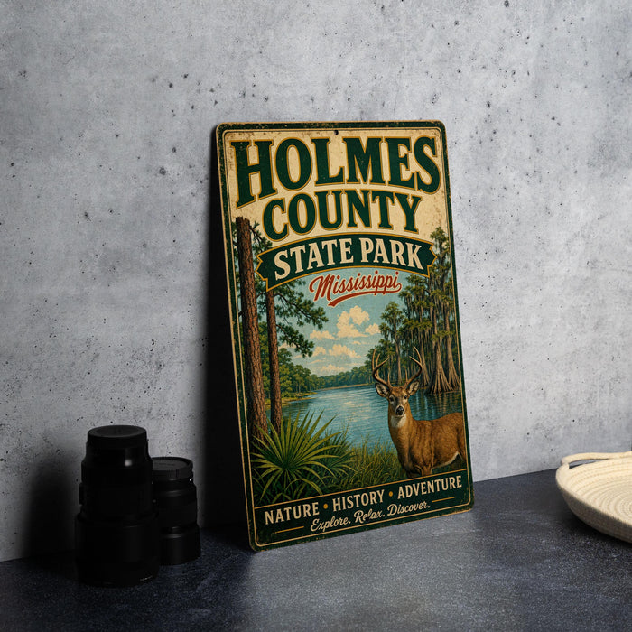 A vintage metal sign for Holmes County State Park in Mississippi, featuring an illustration of a deer in a natural setting.