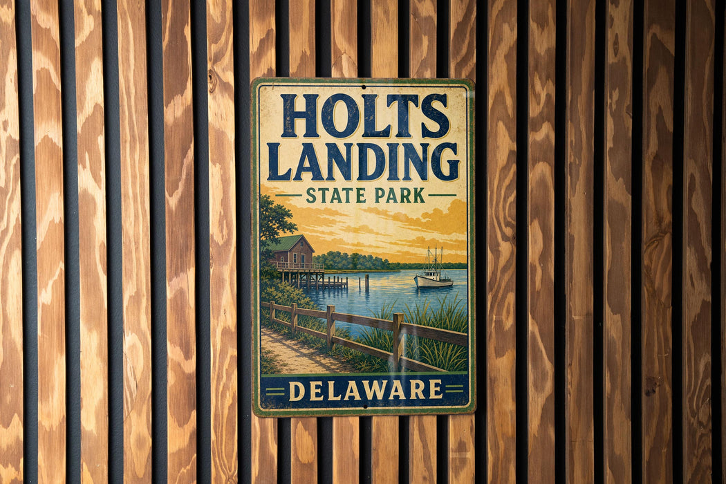 A vintage metal sign for Holts Landing State Park in Delaware, featuring a scenic image of a lake and a dock with a house and a boat.