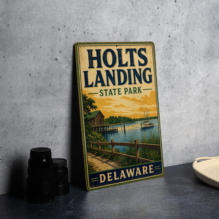 A vintage metal sign for Holts Landing State Park in Delaware, featuring an illustration of a dock and a boat on a lake.