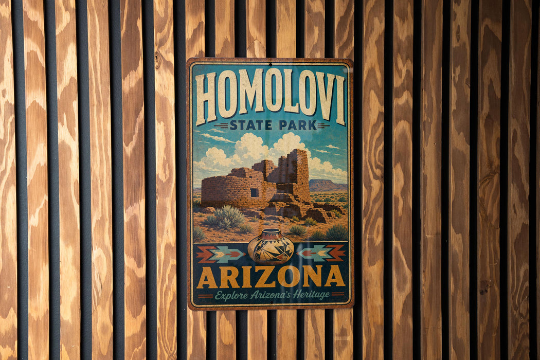 A vintage metal sign for Homolovi State Park in Arizona, featuring an illustration of a desert landscape with a large pottery structure.