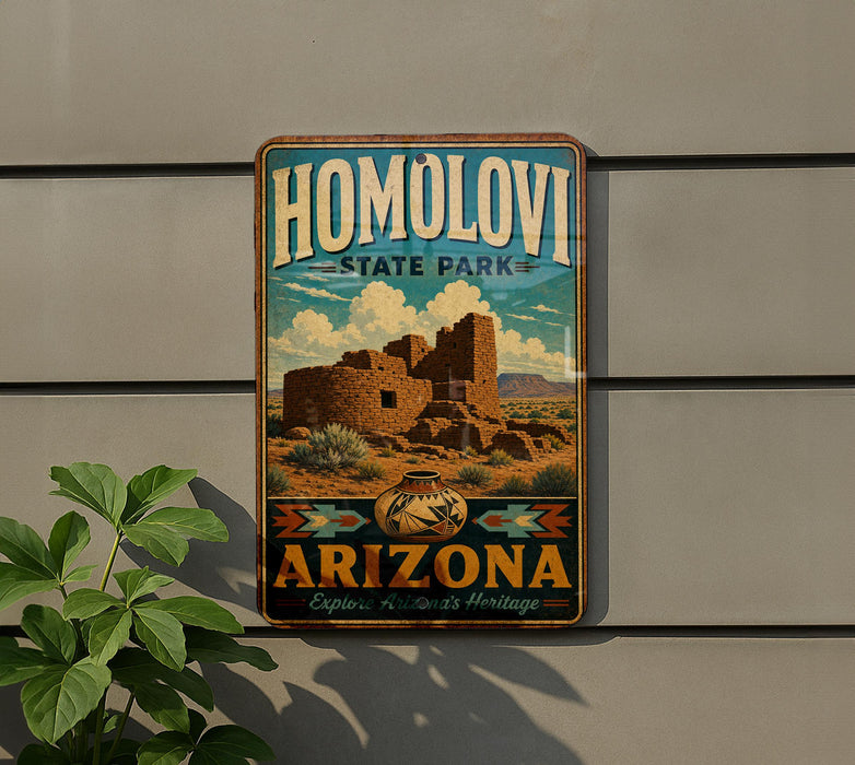 A vintage-style metal sign for Homolovi State Park in Arizona, featuring an illustration of a desert landscape with a large stone structure.