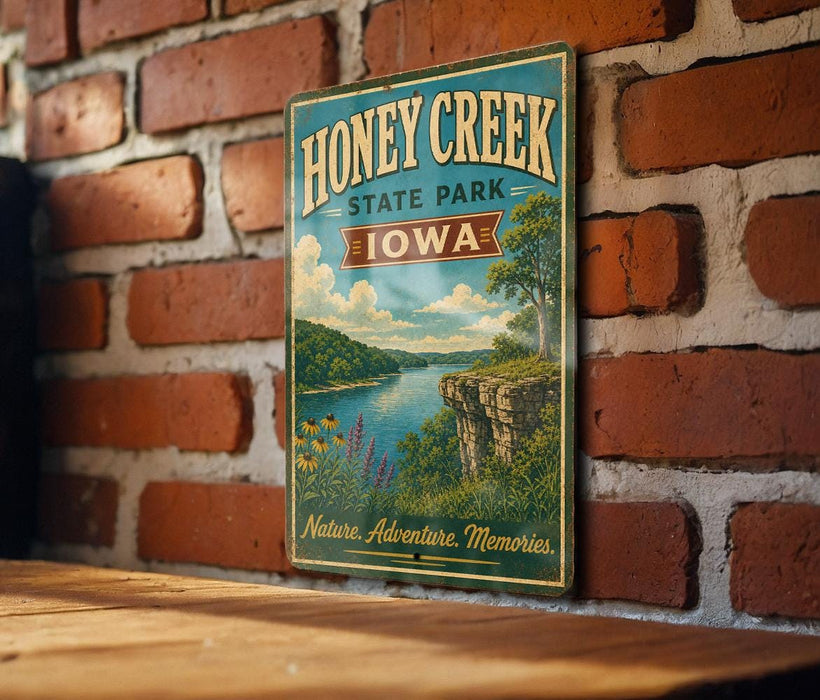 A vintage-style metal sign for Honey Creek State Park in Iowa, featuring a scenic landscape with a river, cliffs, and wildflowers.