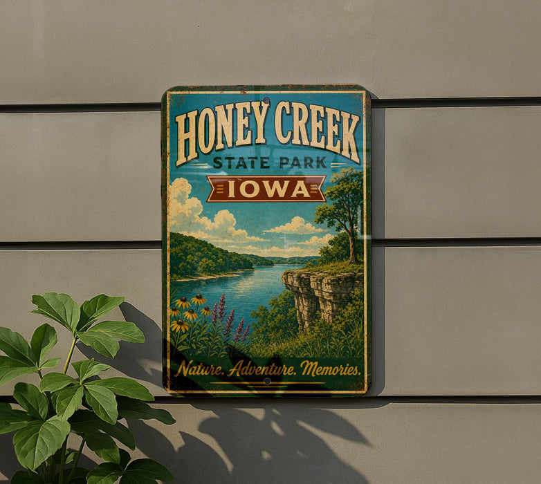 A vintage-style metal sign for Honey Creek State Park in Iowa, featuring a scenic landscape with a river, cliffs, and wildflowers.