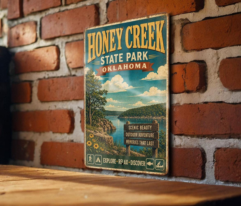 A vintage-style metal sign for Honey Creek State Park in Oklahoma, featuring a scenic landscape with a lake and mountains.