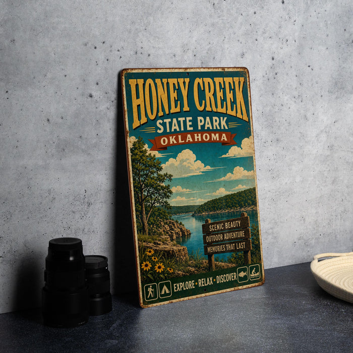 A vintage-style sign for Honey Creek State Park in Oklahoma, featuring a scenic landscape with a lake and mountains.