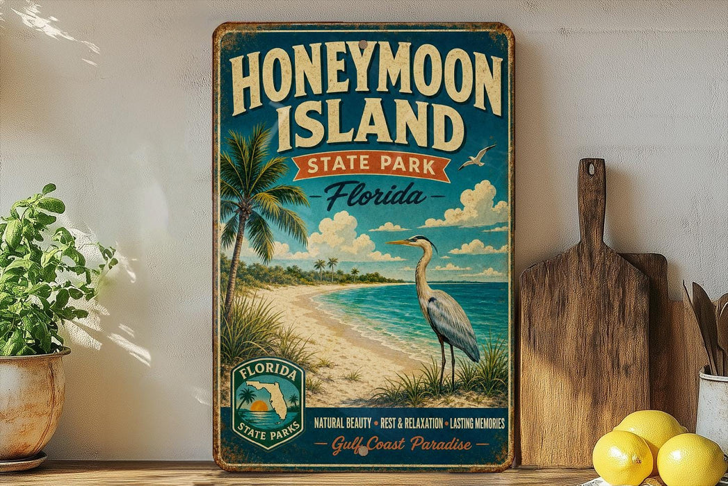 A vintage-style sign for Honeymoon Island State Park in Florida, featuring a beach scene with palm trees, a crane, and a bird.