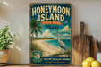 A vintage-style sign for Honeymoon Island State Park in Florida, featuring a beach scene with palm trees, a crane, and a bird.