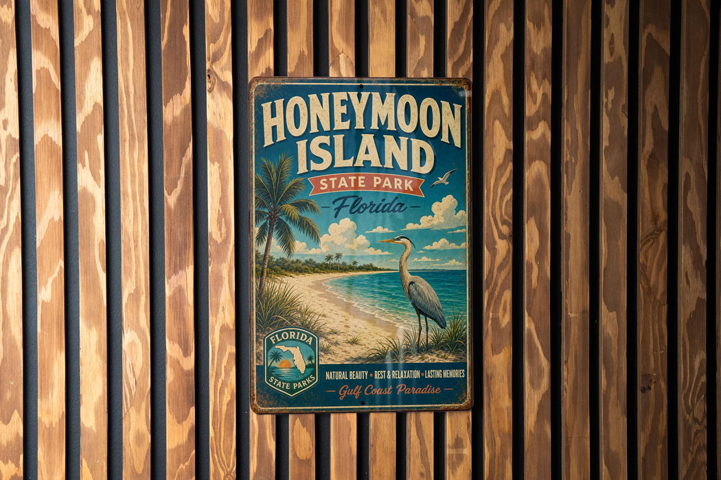 A vintage-style metal sign for Honeymoon Island State Park, Florida, featuring a beach scene with palm trees and a bird.