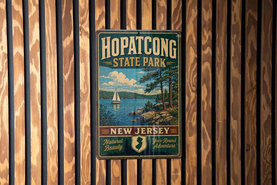 A vintage-style metal sign for Hopatcong State Park, New Jersey, featuring a scenic landscape with a sailboat on a lake.