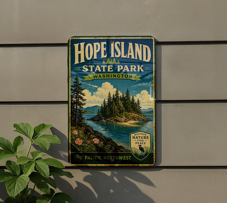 A vintage-style metal sign for Hope Island State Park in Washington, featuring a scenic landscape with pine trees, a lake, and mountains.
