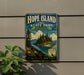 A vintage-style metal sign for Hope Island State Park in Washington, featuring a scenic landscape with pine trees, a lake, and mountains.
