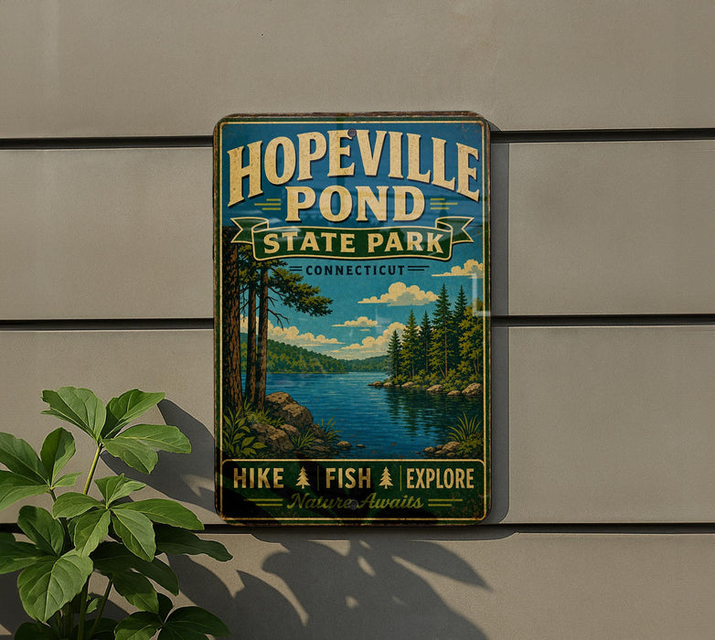 A vintage-style metal sign for Hopeville Pond State Park in Connecticut, featuring a scenic landscape with a lake, trees, and mountains.