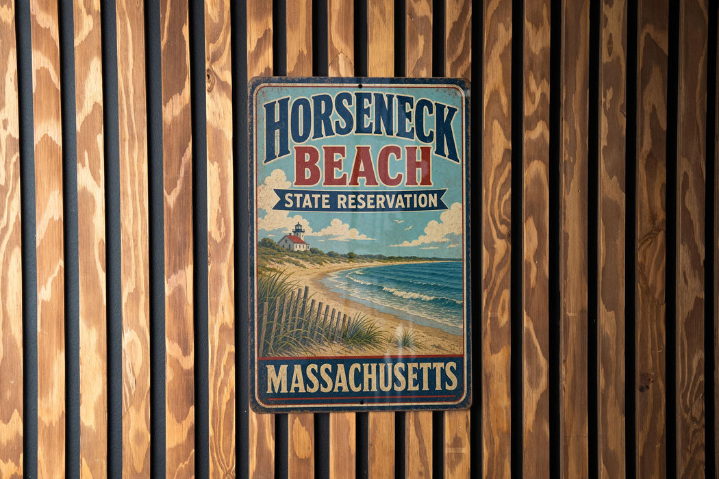 A vintage metal sign for Horseneck Beach, Massachusetts, featuring a lighthouse and beach scene.