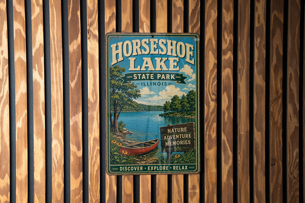 A vintage-style metal sign for Horseshoe Lake, Illinois, featuring a scenic image of the lake and surrounding nature.