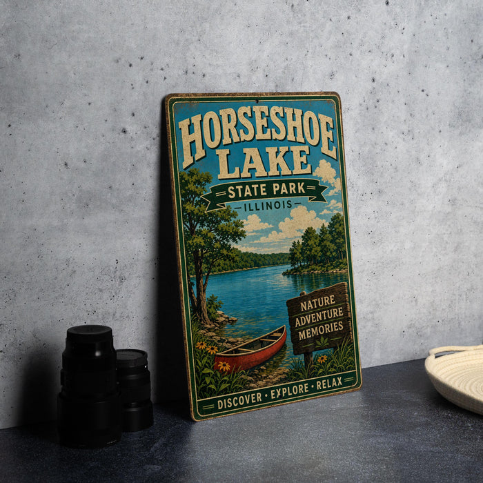 A vintage-style metal sign for Horseshoe Lake, Illinois, featuring a scenic illustration of the lake and surrounding nature.