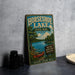 A vintage-style metal sign for Horseshoe Lake, Illinois, featuring a scenic illustration of the lake and surrounding nature.