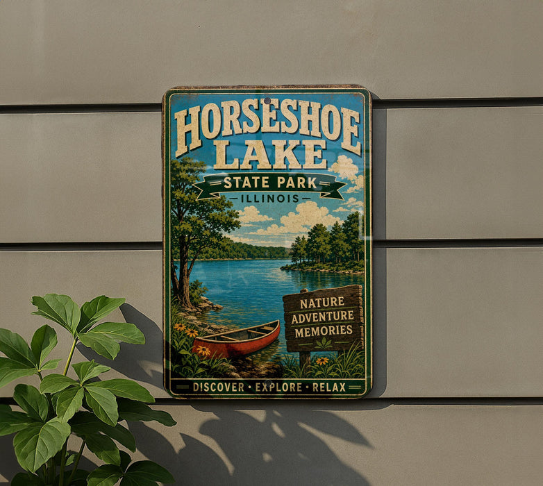 A vintage-style metal sign for Horseshoe Lake State Park in Illinois, featuring a scenic image of a lake, canoe, and surrounding nature.