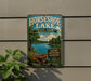 A vintage-style metal sign for Horseshoe Lake State Park in Illinois, featuring a scenic image of a lake, canoe, and surrounding nature.