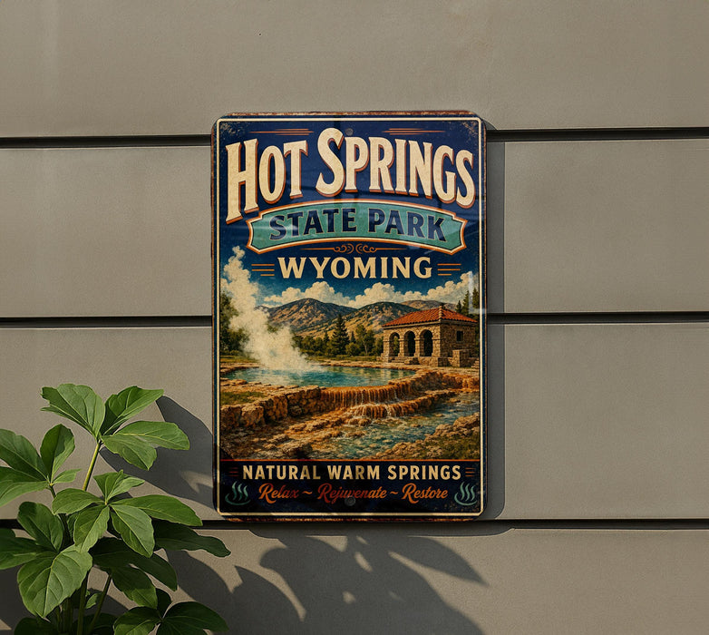 A vintage-style sign for Hot Springs State Park in Wyoming, featuring a scenic image of the park's natural hot springs and surrounding landscape.