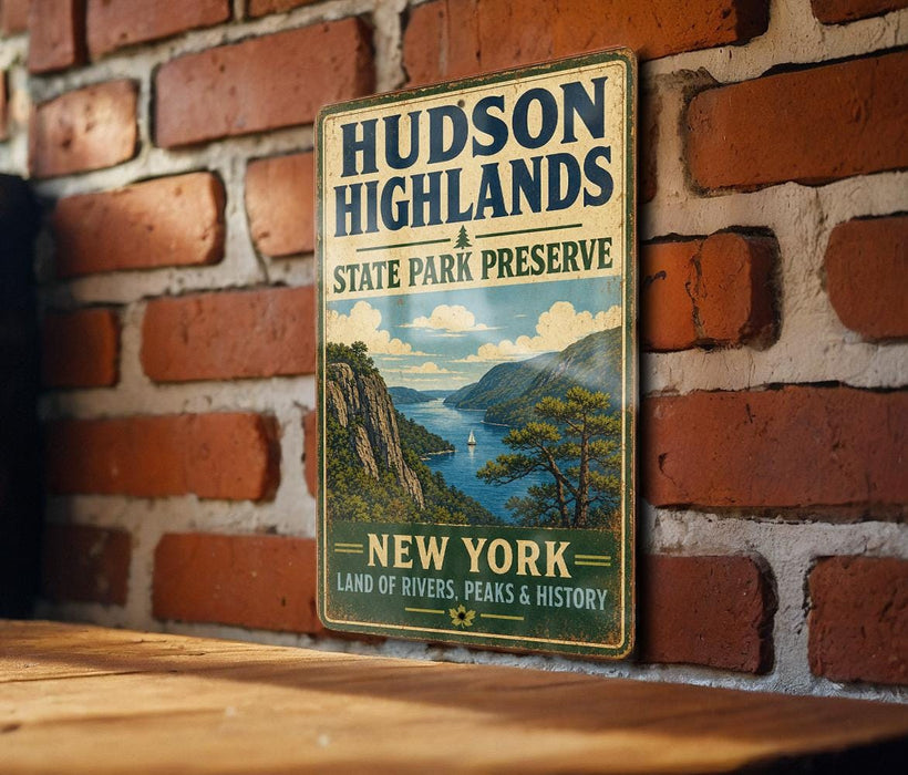 A vintage-style metal sign for Hudson Highlands State Park, featuring a scenic mountain landscape and the text "New York Land of Rivers, Peaks & History".