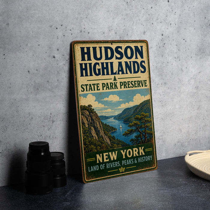 A vintage-style metal sign for Hudson Highlands State Park Preserve, featuring a scenic landscape with mountains, a river, and a boat.