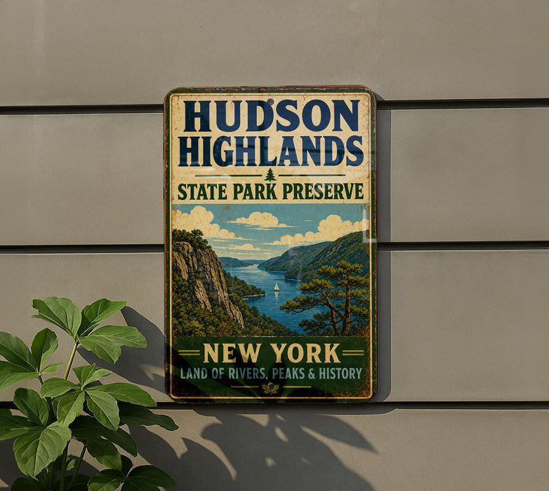 A vintage-style sign for Hudson Highlands State Park Preserve, featuring a scenic landscape with mountains, water, and a sailboat.