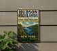 A vintage-style sign for Hudson Highlands State Park Preserve, featuring a scenic landscape with mountains, water, and a sailboat.