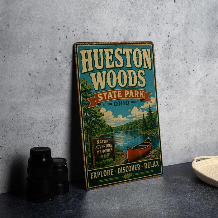 A vintage-style metal sign for Hueston Woods State Park, Ohio, featuring a canoe and a scenic landscape.