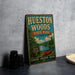 A vintage-style metal sign for Hueston Woods State Park, Ohio, featuring a canoe and a scenic landscape.