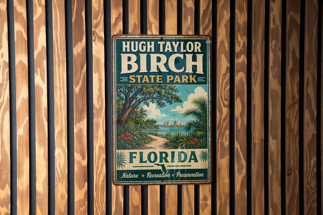 A vintage-style metal sign for Hugh Taylor Birch State Park in Florida, featuring a tropical landscape with palm trees and a body of water.
