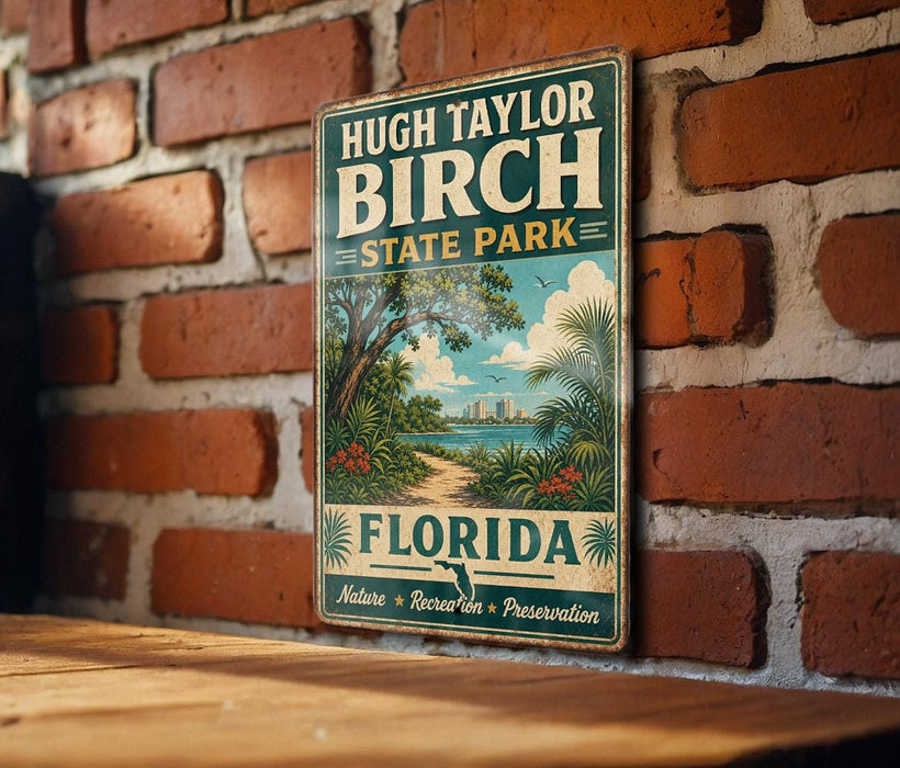 A vintage-style metal sign for Hugh Taylor Birch State Park in Florida, featuring a tropical landscape with palm trees, a beach, and a city skyline.