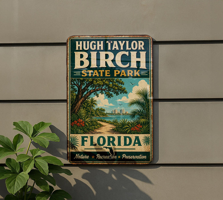 A vintage-style sign for Hugh Taylor Birch State Park in Florida, featuring a tropical landscape with palm trees and a path leading through the greenery.