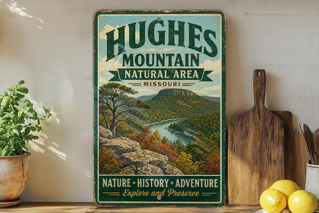 A vintage-style sign for the Hughes Mountain Natural Area in Missouri, featuring a scenic landscape with mountains, trees, and a river.