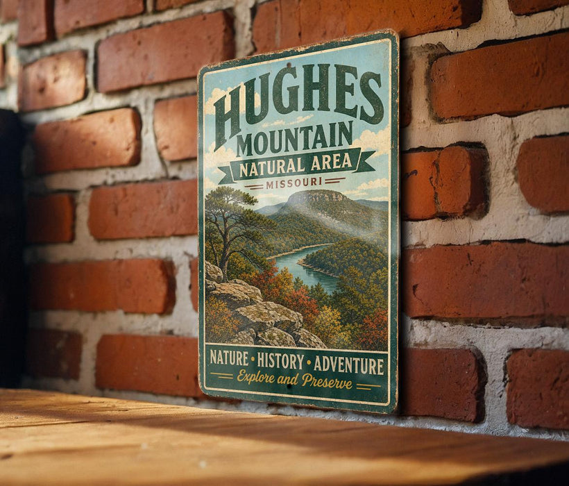 A vintage-style metal sign for the Hughes Mountain Natural Area in Missouri, featuring a scenic landscape with a river and mountains.