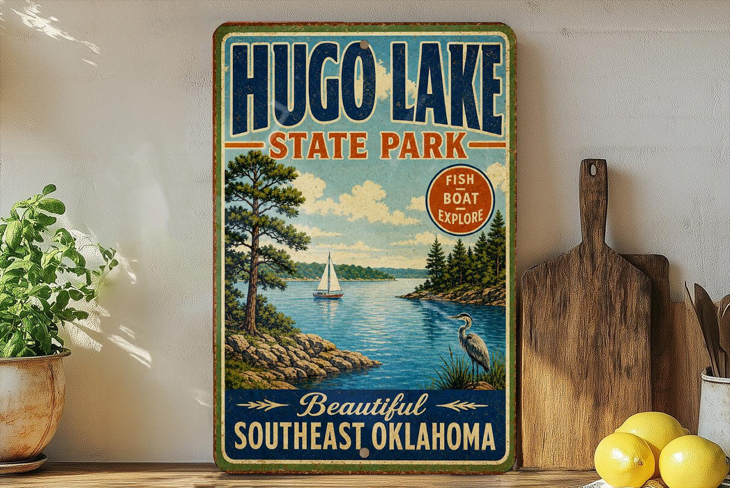 A vintage-style sign for Hugo Lake State Park, featuring a scenic illustration of a lake, a sailboat, and a bird, along with the text "Beautiful Southeast Oklahoma" and "FISH Boat Explore".