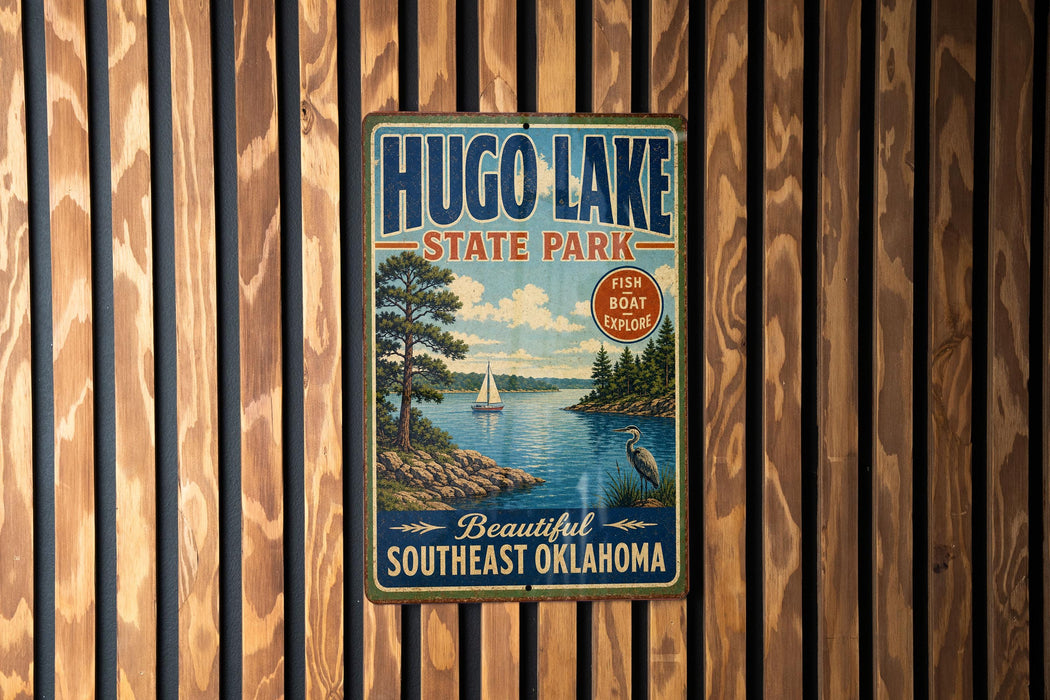A vintage-style sign for Hugo Lake State Park, featuring a scenic illustration of a lake, trees, and a boat, mounted on a wooden wall.