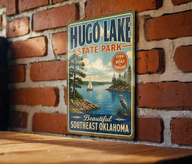A vintage-style sign for Hugo Lake State Park, featuring a scenic illustration of a lake, a sailboat, and a bird, mounted on a brick wall.