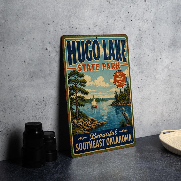 A vintage-style sign for Hugo Lake State Park, featuring a scenic illustration of a lake, trees, and a sailboat.